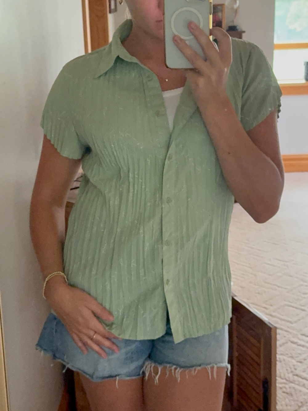 Women’s Embroidered Button Sage Green Top